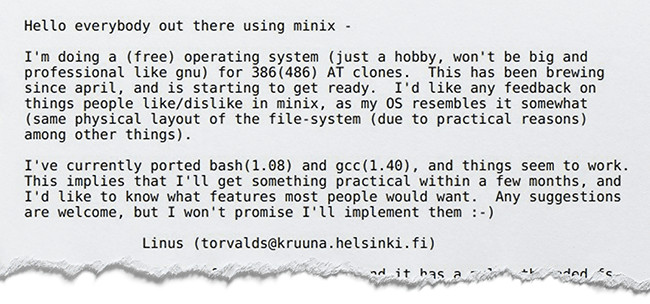 Posten til finske Linus Torvalds fra 25. august 1991